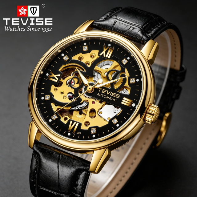TEVISE OEM/OBM Custom Mechanical Watches Factory Luxury Leather Automatic Skeleton Watches for Men Wristwatch