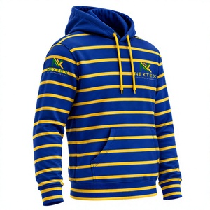 Sweat-shirt à capuche rayé bleu et jaune pour homme, décontracté, avec logo sur le devant, poche kangourou, coupe classique - Product Image 4