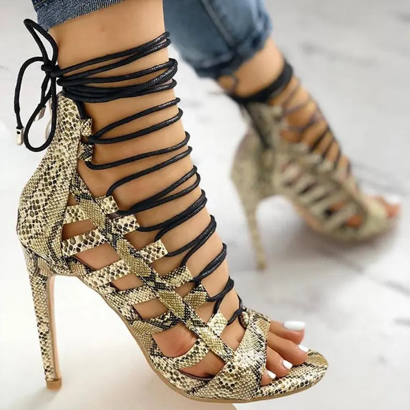 2022 New Arrival Sexy Cross Tied Hollow Out Round Toe Female Pumps Large Size Convenience Wearing High Heel Sandals Women Shoes
