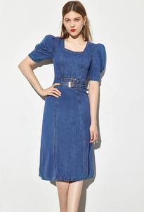 Nuevo Vestido <span class=keywords><strong>Midi</strong></span> Vaquero Personalizado para Mujer con Mangas Abullonadas, Vestidos Vaqueros con Cinturón y Cuello Cuadrado para Mujer - Product Image 5