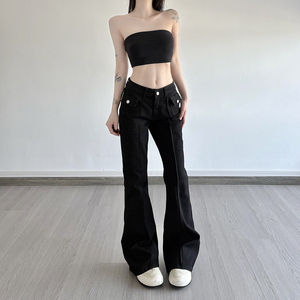 Women American Street Vintage Black Denim <b>Jeans</b> Pocket Patchwork Contrast Stitch Skinny Fit Slight <b>Flare</b> <b>Low</b> <b>Waist</b> Pants - Product Image 4