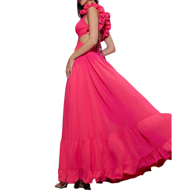 Women's Sexy Pink Vintage Flowy Maxi Dress V-Neck Ruffled Sleeveless Loose Fit Made of Chiffon with Digital Printing
