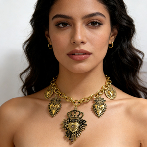 Nouveau collier ras du cou en chaîne épaisse dorée de style rétro vintage - Pendentifs multiples en forme de cœur sacré, <span class=keywords><strong>bijoux</strong></span> <span class=keywords><strong>fantaisie</strong></span> pour femmes - Product Image 2