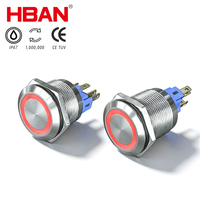 Sakelar Tombol Tekan Momentary HBAN Factory 22mm 220 Volt 6 Pin ON/OFF Merah Hijau Biru LED Beriluminasi Tanpa NC