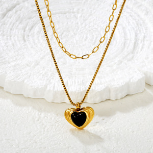 Collar de doble cadena con forma de corazón, colgante de piedra roja, negra y dorada, para uso diario, regalo, joyería - Product Image 2