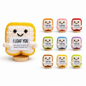 Custom Yarn Crochet Toast <b>Doll</b> Toy with Wooden Stand <b>Personalized</b> Message Card Cute Desktop Ornament Promotional Gift - Product Image 1
