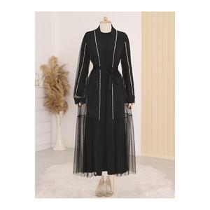 Doppia Abaya con perle sul colletto e sulle maniche e lacci in vita