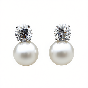 Orecchini in Oro Bianco con Diamanti e Perle, Taglio Brillante Rotondo, Colore D, Gioielli Classici da Sposa per Donne - Product Image 1