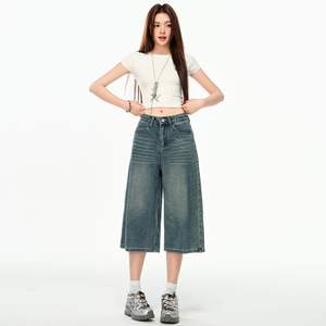 Jeans en denim taille haute pour femmes, vente en gros, été 2025, nouveau style, coupe décontractée, jambe droite, pantalon mi-long - Product Image 1