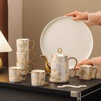 Service à thé en céramique haut de gamme de luxe avec bordure dorée - Coffret cadeau de déménagement portable comprenant des tasses à thé, une théière et une carafe à eau