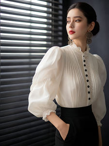 Elegant <b>White</b> Pleated Regular Sleeve Blouse <b>Women's</b> Vintage Lace Trim Square Collar Breathable Button <b>Shirt</b> Fashion Office Party - Product Image 5