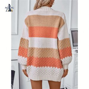 <span class=keywords><strong>Cardigan</strong></span> en tricot de luxe pour femme, à rayures, à manches longues, à blocs de couleurs, texturé, chaud, à ouverture frontale, vente en gros - Product Image 2