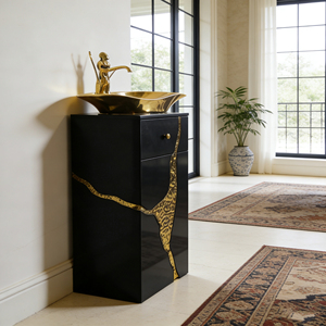 Lavabo su Colonna Artistico di Alta Gamma con Motivo Leopardato Dorato in Fibra di Vetro per Bagni di Lusso - Product Image 4