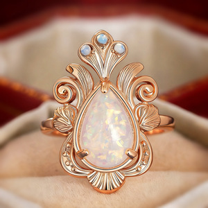 Anello da Cocktail A064 per Donna con Opale a Forma di Pera, Pietra Naturale con Montatura a Griffe, Motivo Vegetale, Anello di Moda per Matrimonio - Product Image 6