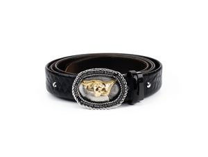 Ceinture en cuir de vache noirci avec boucle argentée 5,0 cm Style Western décontracté - Product Image 1