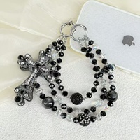 Dragonne de téléphone double couche perlée, perles de cristal noires, faite à la main, cordon de téléphone, pendentif de sac, porte-clés décoratif pour femme