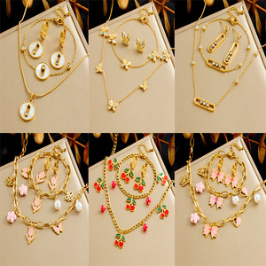 Juego de Joyería de Acero Inoxidable con Baño de Oro Rosa, Diseño de Lazo, Flor, Cereza y Mariposa, para Mujer - Boda, Compromiso, Aniversario - Product Image 3