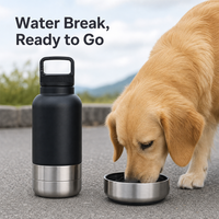 Bouteille d'eau pour animaux de compagnie en acier inoxydable massif de 32 oz, isolée, anti-fuite, durable, avec bols amovibles pour chiens, 3-en-1, portable pour les voyages