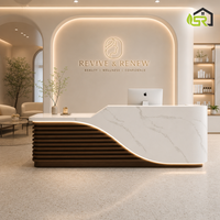 Comptoir de réception incurvé de luxe moderne avec éclairage LED, façade en marbre, comptoir de caisse pour salon, bureau de beauté, bureau d'accueil, personnalisable OEM