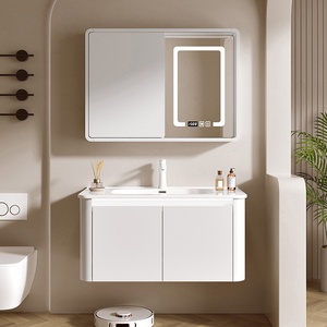 Meuble de salle de bain en bois massif avec lavabo intégré en céramique à arc circulaire, miroir intelligent et finition peinture laquée - Product Image 2