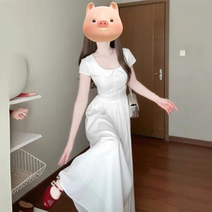 Vestido de Noche Estilo Francés, Color Blanco Puro, Silueta Larga en Línea A, Cuello Cuadrado, Cintura Imperio, Transpirable, para Verano - Product Image 1