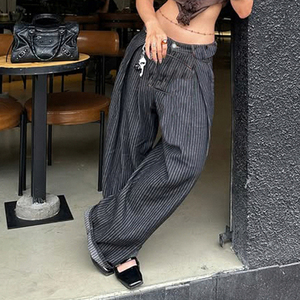 Jean large vintage rayé patchwork taille basse coupe ample pour femme – Vente en gros - Product Image 5