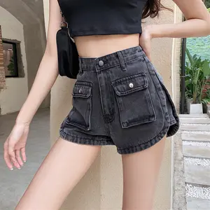 Đồ Bảo Hộ Lao Động Cổ Điển Mới Quần Soóc Denim Quần Nữ Có Túi Bó Sát Cạp Cao Quần Soóc Chữ A ỐNg RộNg Màu Xám