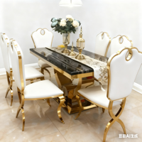 Table à manger rectangulaire en acier inoxydable argenté de luxe français avec plateau en marbre sans 6 chaises, design moderne pour utilisation en restaurant