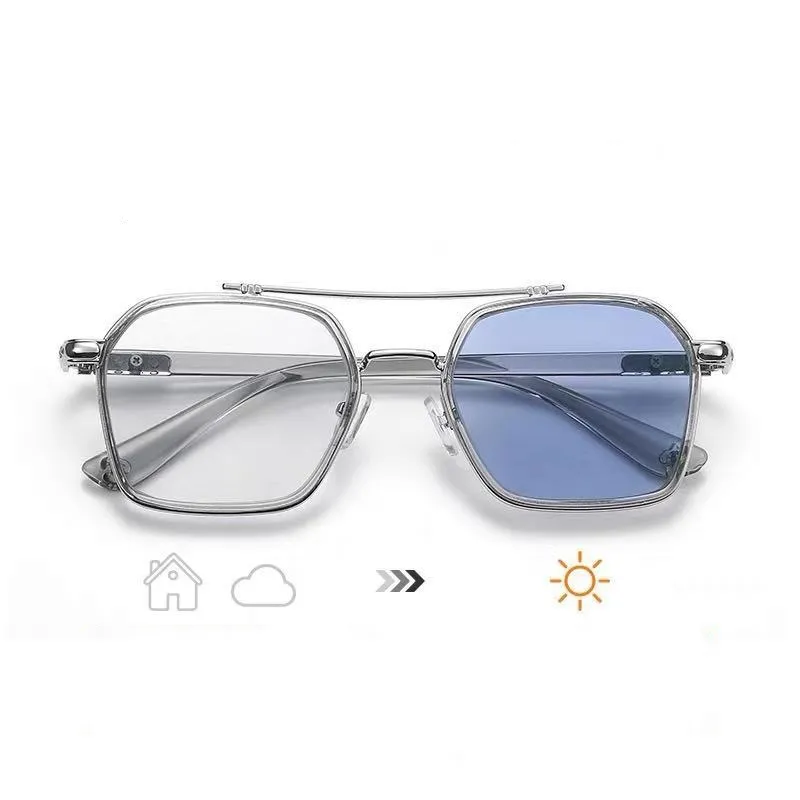 Nueva Moda retro doble haz cambiando a gris a azul Marco de aleación almohadilla nasal de silicona UV400 gafas de sol fotocromáticas
