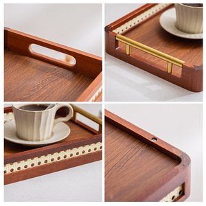 Plateau en bois avec poignée en métal, rectangulaire, verni, multifonctionnel, pour le rangement et le service du thé à la maison, dans le salon - Product Image 4