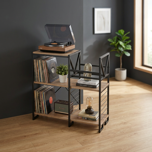 Support pour tourne-disque avec étagères de rangement, structure en bois et métal, durable, léger, multifonctionnel, décoration de salon - Product Image 6