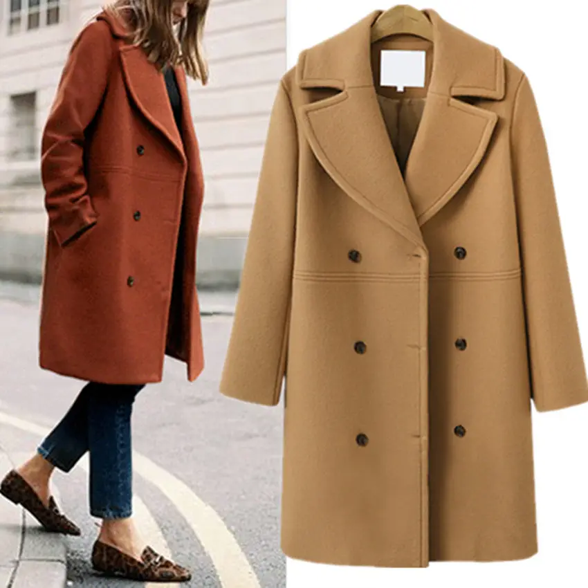 Automne et hiver grande taille manteau en laine pour femmes trench-coat mi-long à double boutonnage pour femmes