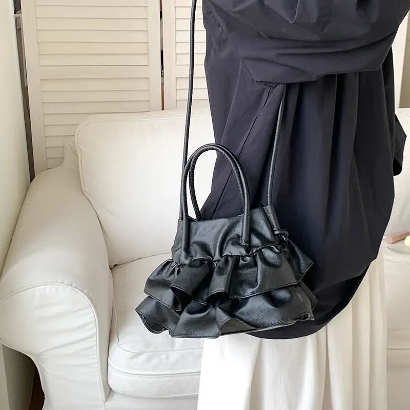 여성 도매 세련된 디자인 프릴 핸드 백 핸드백 주름 버킷 숄더 백 크로스 바디 백