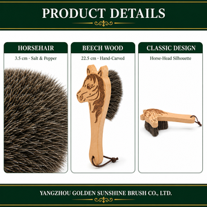 Natürliche Rosshaar-Schuhreinigungsbürste mit Salz- und Pfefferborsten, Pferdekopf-Griff, Holz-Staubbürste - Product Image 4