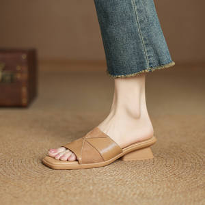 Summer New Style Elegant Multi-color Thick-soled Genuine Leather <b>Slip</b>-on Waterproof Ankle-wrap Open-toe slippers for <b>Women</b> - Product Image 4