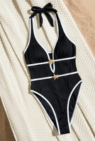 Maillot de bain une pièce texturé pour femme, col en V, coupe brésilienne, deux couleurs, tailles S-XL