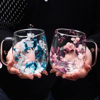 Nouvelle conception, tasse à café en verre à double paroi, faite à la main, en borosilicate de haute qualité, créative, avec fleurs séchées