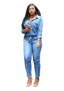 Neuankömmling Plus Size Hellblau Bandage Jeans Jumps uit für Frauen Langarm One Piece Slim Casual Denim Jumps uit Patchwork - Product Image 4