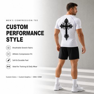 T-shirt de compression pour homme, directement de l'usine, tissu extensible doux au toucher, idéal pour la musculation et les clubs de sport. - Product Image 1