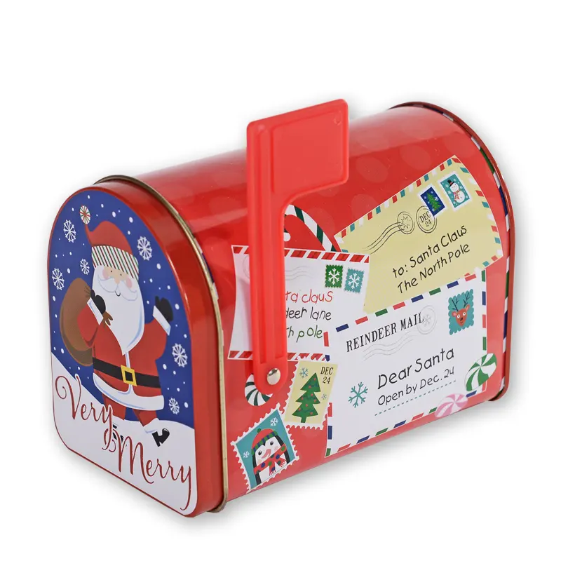 Özelleştirilmiş noel hediyesi posta kutusu şekli dikdörtgen Metal teneke kutu ile kırmızı bayrak