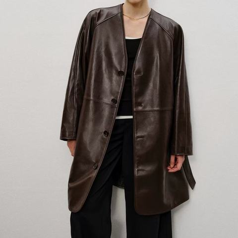 0023 2026 Autumn Winter Women's V-Neck Semi-Tanned Sheepskin Trench Coat Straight Long Spliced Single Breasted Leather Overcoat