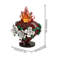 Funbuild Retro Red Heart Shaped Art Statue Building Blocks Kit MOC Patung Hati dari Balok Bangunan dengan Api Mawar Putih untuk Hadiah