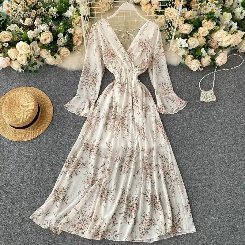 Women's 2022 Spring Summer New Style Dress V Neck Backless Flare Sleeve Floral Casual Dress Ladies Casual Dresses