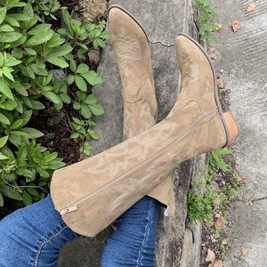 YL7184 <span class=keywords><strong>bottes</strong></span> en <span class=keywords><strong>daim</strong></span> en cuir à la mode pour femmes personnalisées avec talon long bout rond fermeture à enfiler chaussures pour femmes de Style occidental - Product Image 5