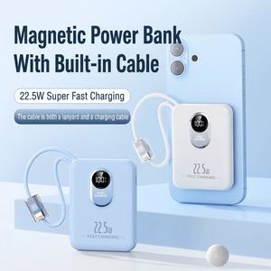 Batterie externe magnétique 22,5 W à charge rapide avec câble intégré, affichage numérique, 10000 mAh, bleu ciel, blanc, noir, violet clair - Product Image 1