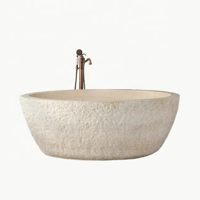 contemporary cream egyptian marble chiseled stone stand alone bathtub for sale