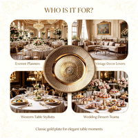 Assiette de présentation en PP plaqué or sur mesure, motif soleil radial en relief, pour banquets, mariages et décorations de table de fêtes