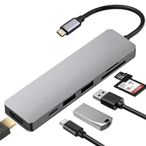 Groothandel Multipoort Adapter Usb C Hub 6 In 1 Docking Station Naar 4K Hdmi Tf Sd-kaart Usb Hub 3.0/2.0 6 Poort Opladen Usb 3.0 Hub