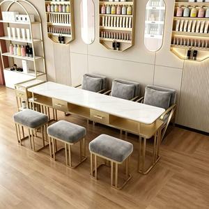 Juego de Mesa y Silla de Hierro Moderno con Aspecto de Mármol, Estación de Manicura para Salón de Belleza con Almacenamiento para Estudio de Belleza - Product Image 4
