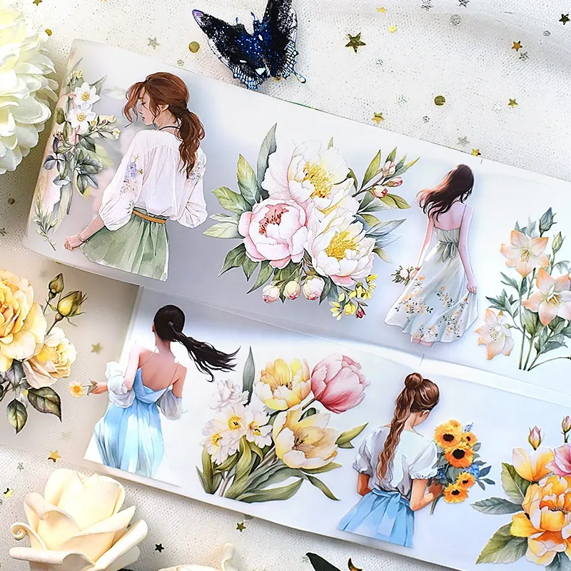 1 adet 2m/rulo kızlar ve çiçekler Modern rakamlar mat evcil hayvan bandı dekoratif Sticker DIY günlüğü süslemeleri için